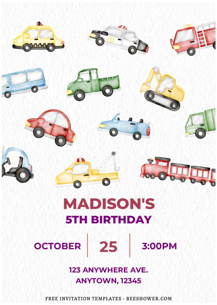 (Free Editable PDF) Watercolor Cars And Dump Trucks Baby Shower Invitation Templates with colorful graphics
