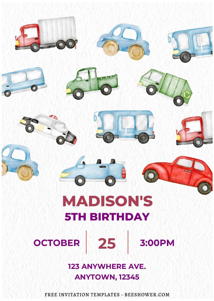 (Free Editable PDF) Watercolor Cars And Dump Trucks Baby Shower Invitation Templates with police car