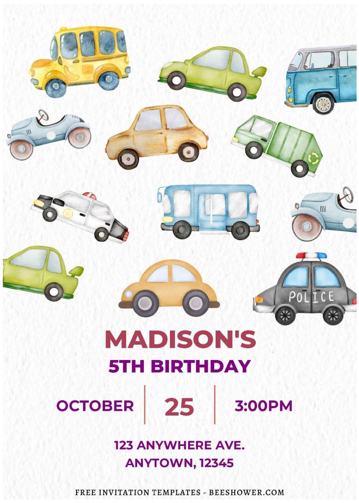 (Free Editable PDF) Watercolor Cars And Dump Trucks Baby Shower Invitation Templates with vintage race car