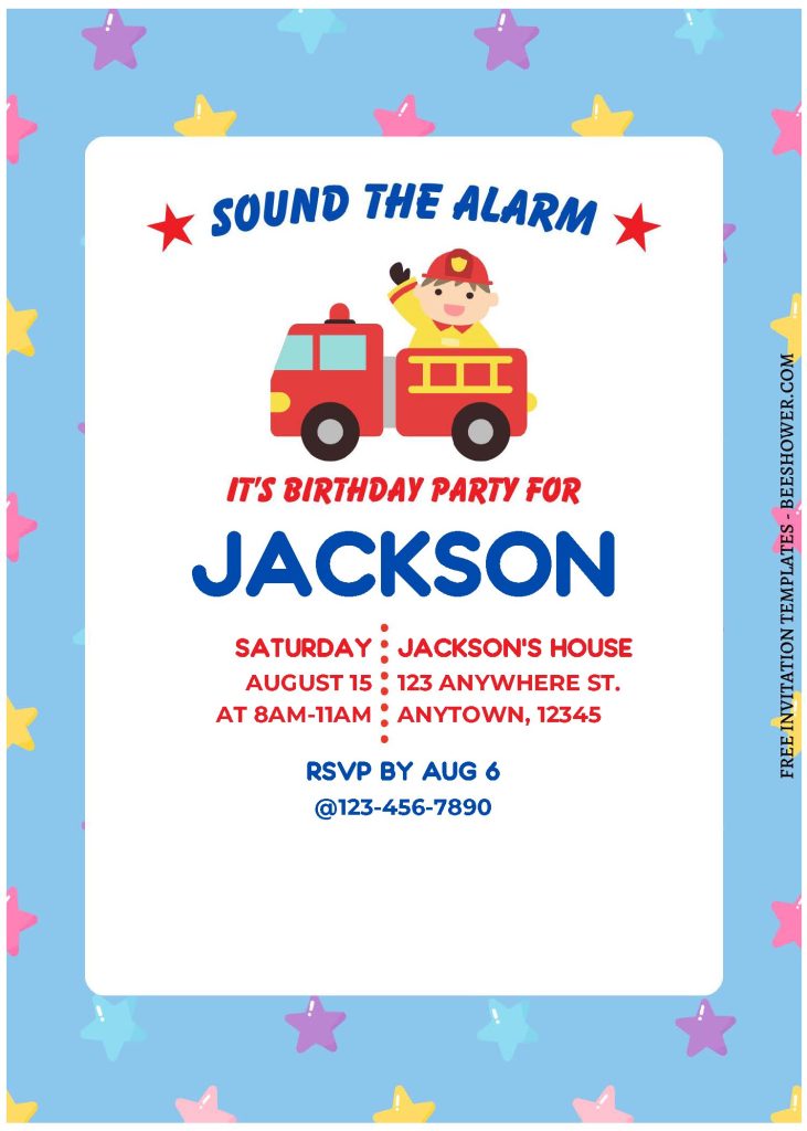 (Free Editable PDF) Cute Baby's First Alarm Firefighter Baby Shower Invitation Templates with editable text