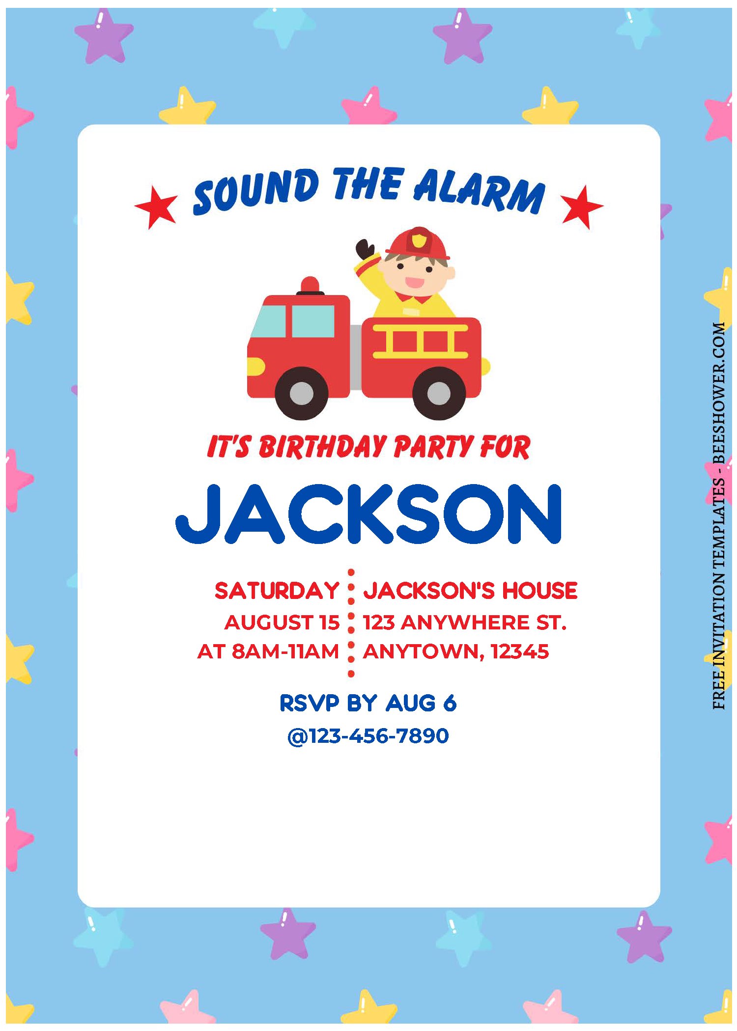 (Free Editable PDF) Cute Baby's First Alarm Firefighter Baby Shower Invitation Templates with editable text