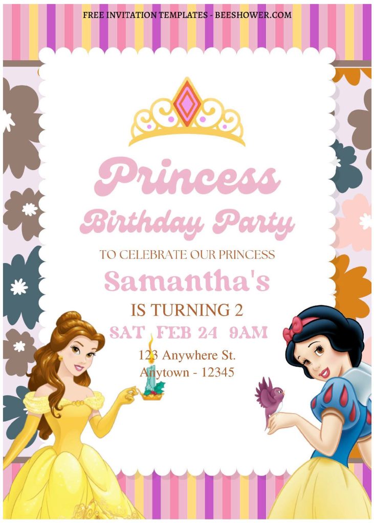 (Free Editable PDF) Floral Disney Princess Baby Shower Invitation Templates with Belle