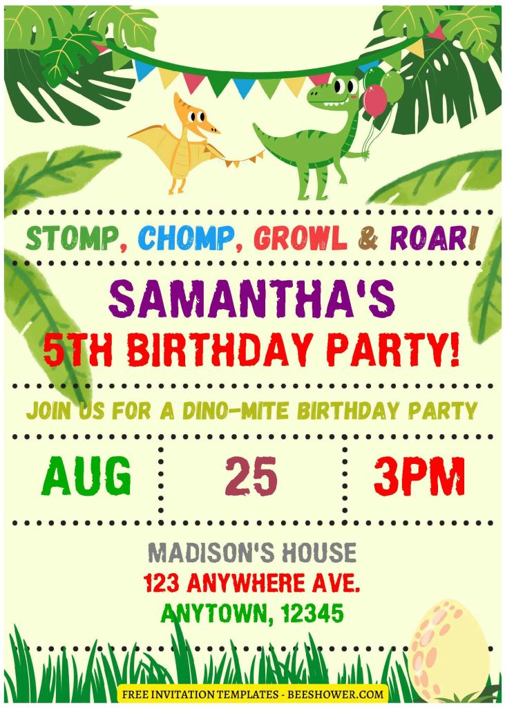 (Free Editable PDF) Festive Dino Birthday Party Invitation Templates with cute dinosaurs