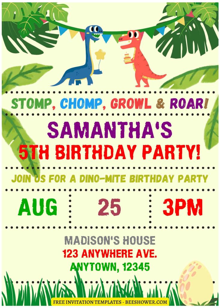 (Free Editable PDF) Festive Dino Birthday Party Invitation Templates with colorful text