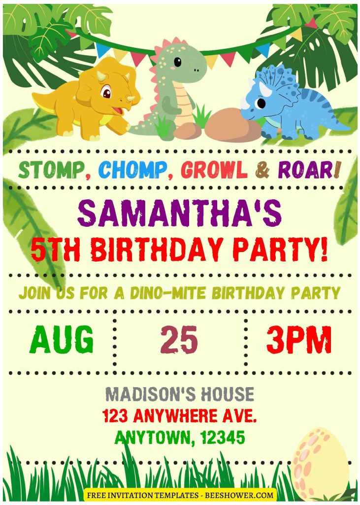 (Free Editable PDF) Festive Dino Birthday Party Invitation Templates with colorful dino