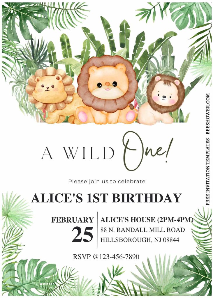(Free Editable PDF) Greenery Wild Ones Baby Shower Invitation Templates with cute lion cub