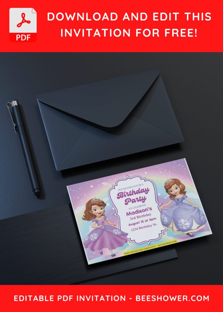 (Free Editable PDF) Sprinkle Of Magic Sofia The First Baby Shower Invitation Templates D