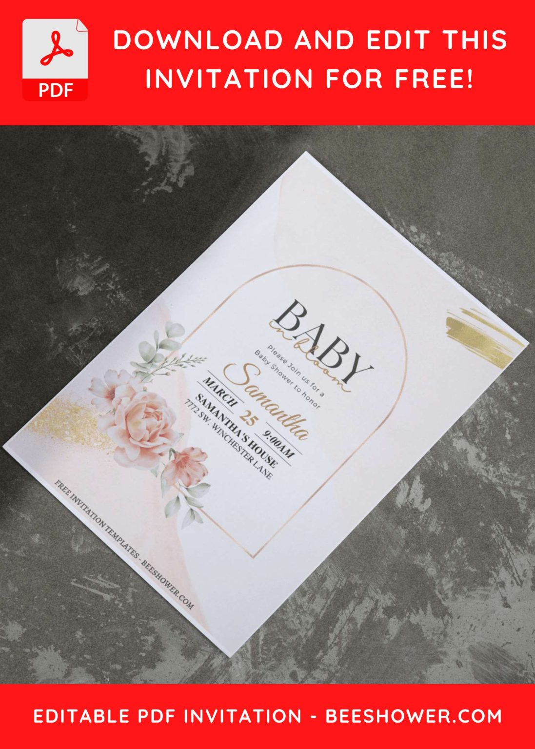 (Free Editable PDF) Rustic Gold Floral Frame Baby Shower Invitation ...