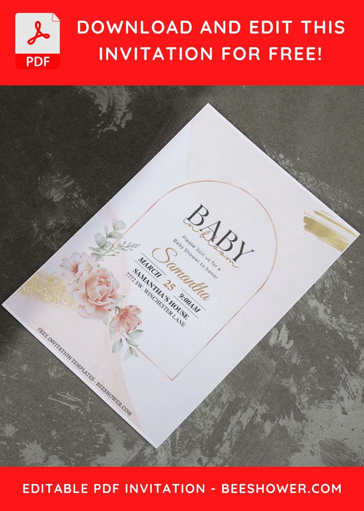 (Free Editable PDF) Rustic Gold Floral Frame Baby Shower Invitation Templates E