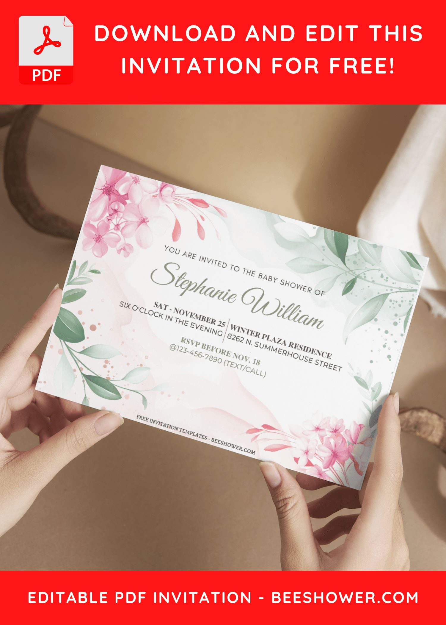 (Free Editable PDF) Magnificent Magnolia Baby Shower Invitation Templates B