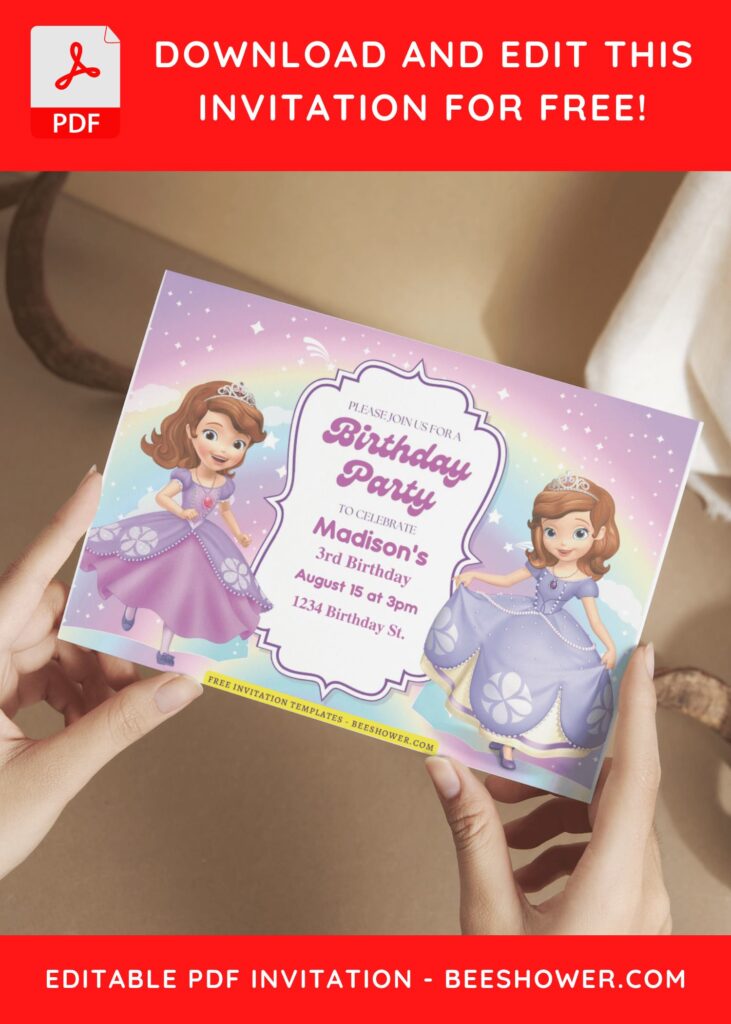 (Free Editable PDF) Sprinkle Of Magic Sofia The First Baby Shower Invitation Templates F