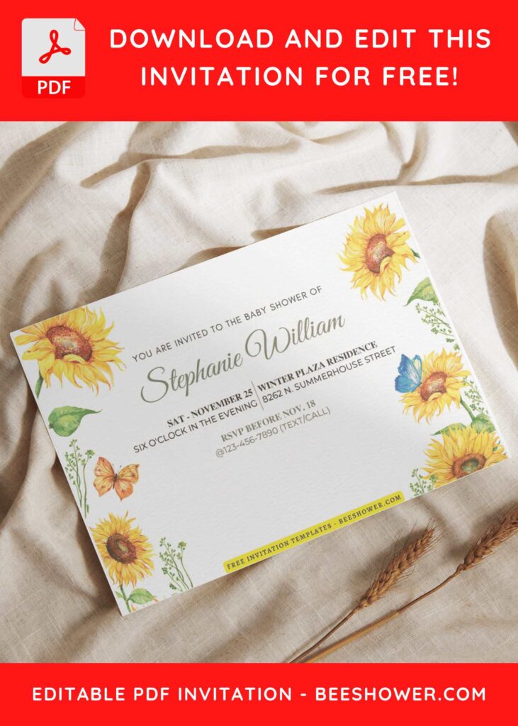(Free Editable PDF) Striking Sunflower Baby Shower Invitation Templates C