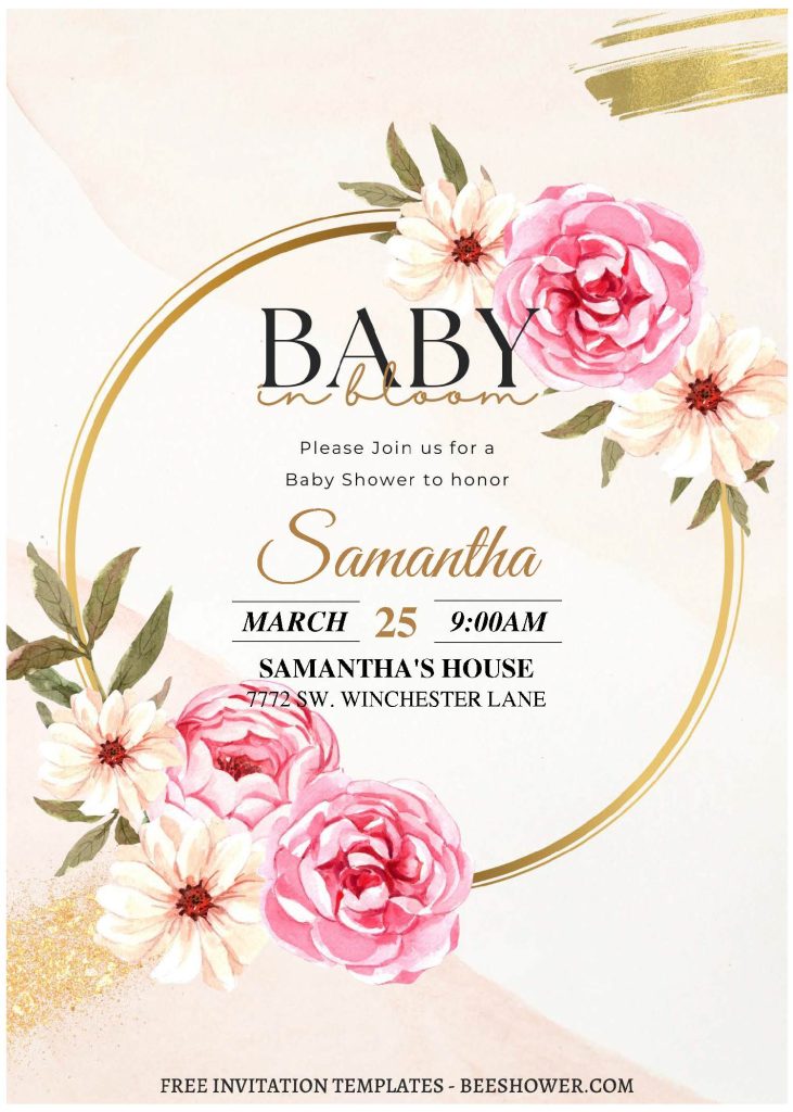 (Free Editable PDF) Rustic Gold Floral Frame Baby Shower Invitation Templates A