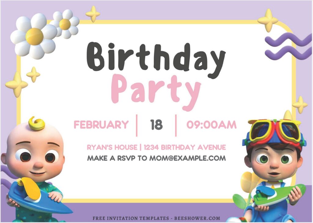 (Free Editable PDF) Special Preschool Cocomelon Baby Shower Invitation Templates H