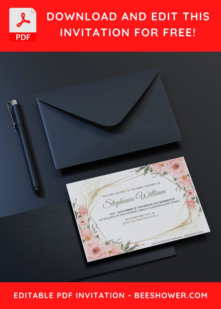 (Free Editable PDF) Glitter Gold Geometric Floral Wedding Invitation Templates C