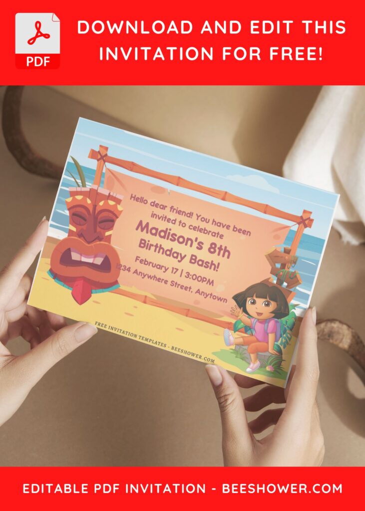 (Free Editable PDF) Dora The Explorer Hawaiian Adventure Baby Shower Invitation C