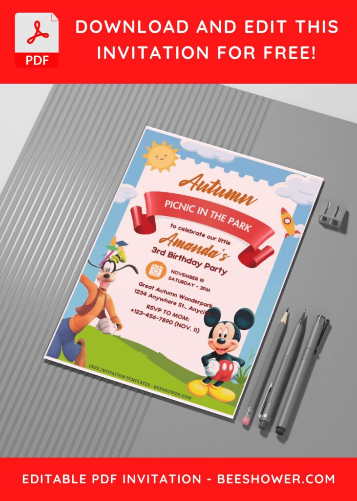 (Free Editable PDF) Mickey Mouse Picnic Baby Shower Invitation Templates C