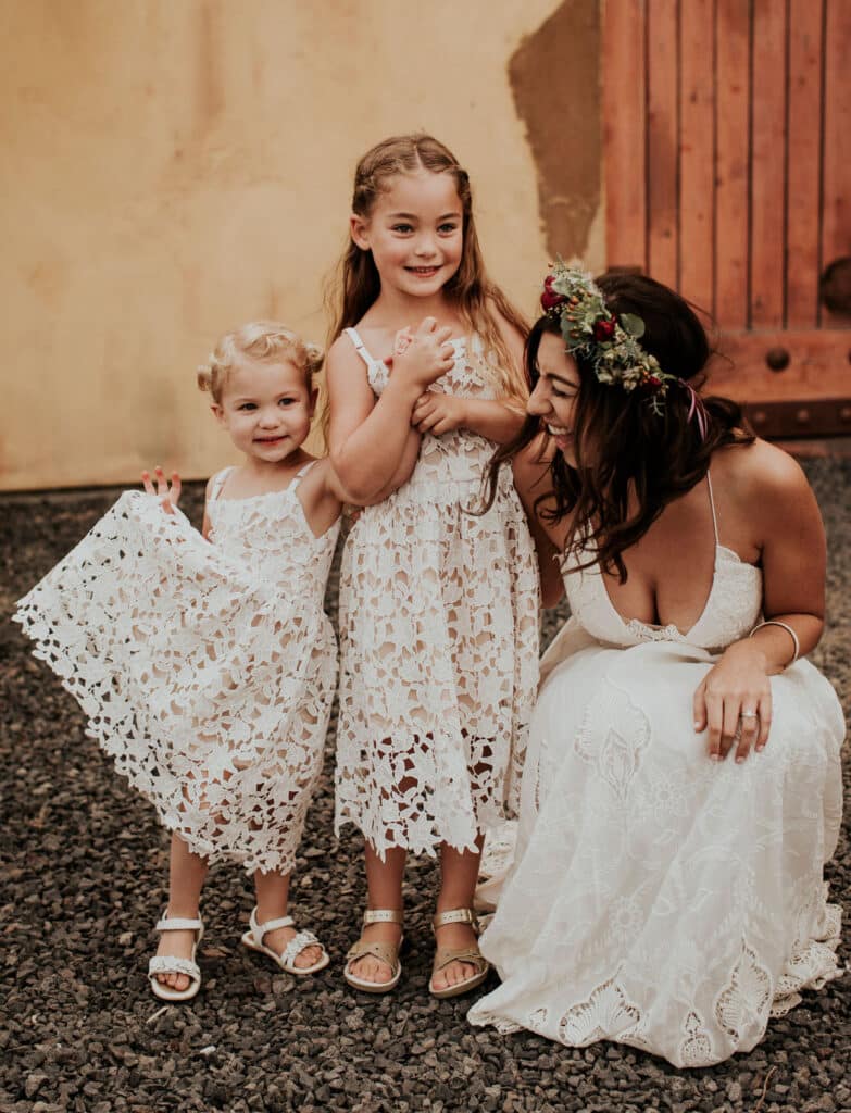 Adorable Little Girls and their Mom in Boho Flower lace Dresses