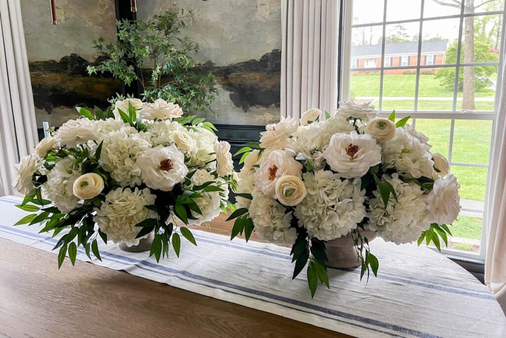 Faux Peony, Rose and greenery arrangement in vases