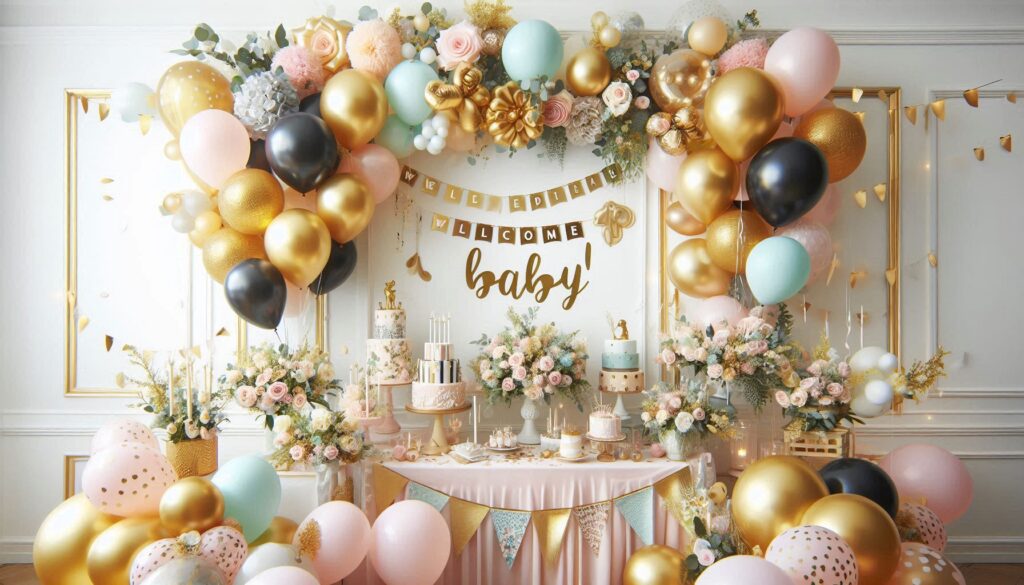 Stunning Balloon Arch consists of White, grey, silver, gold and rose gold balloons