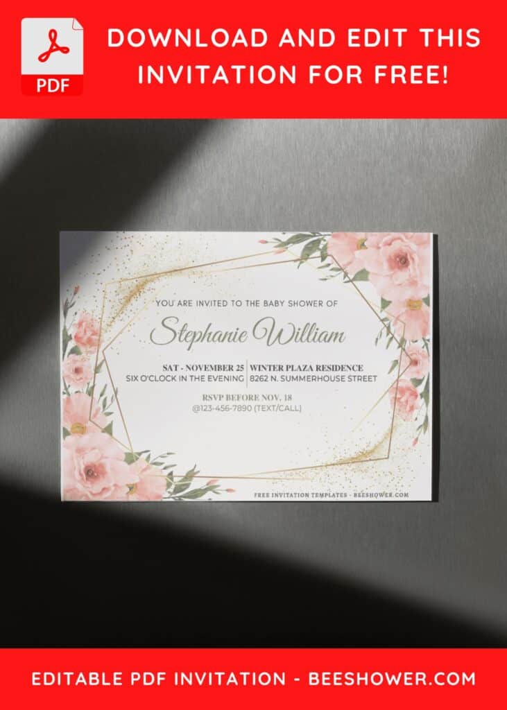 (Free Editable PDF) Glitter Gold Geometric Floral Wedding Invitation Templates D