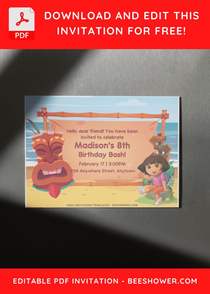 (Free Editable PDF) Dora The Explorer Hawaiian Adventure Baby Shower Invitation D