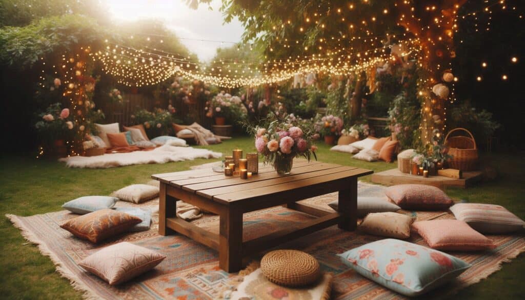 Bohemian baby shower party with chic boho pillow, wooden table and rug