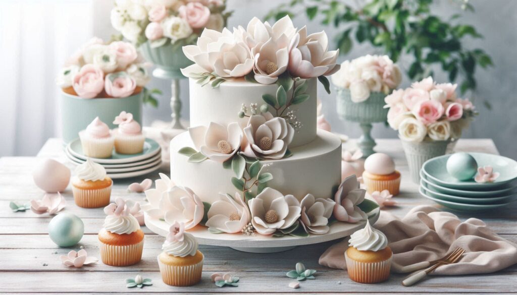 2-Tiered cake with white & blush frosting and magnolia topper