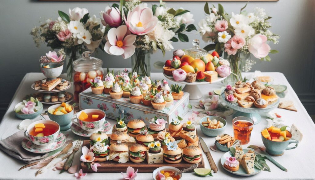 Dessert table with Magnolia inspired cupcakes, cookies, cake and Magnolia centerpiece