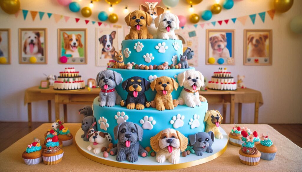 Adorable 3-Tiered Birthday Cake with Paw Prints and Puppy Figurines