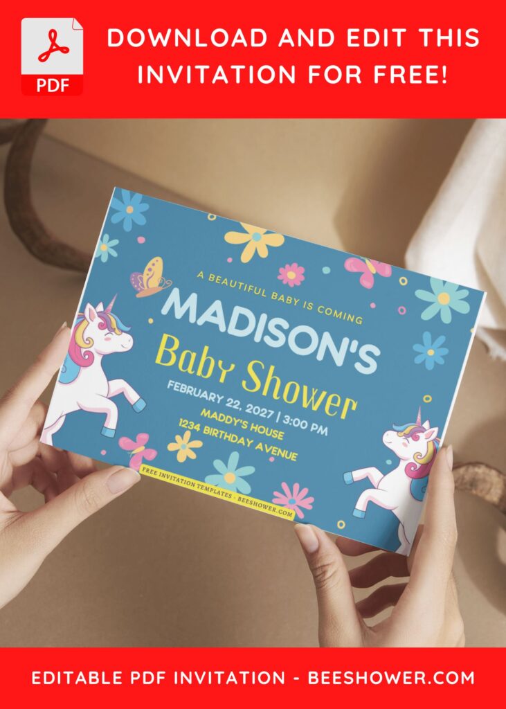 (Free Editable PDF) Unicorn Floral Baby Shower Invitation Templates E