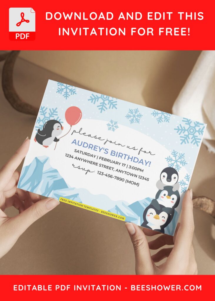 (Free Editable PDF) Cheerful Penguin Winter Baby Shower Invitation Templates E