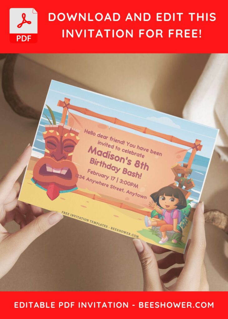 (Free Editable PDF) Dora The Explorer Hawaiian Adventure Baby Shower Invitation e