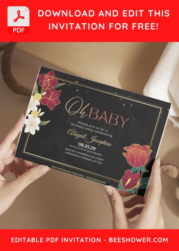 (Free Editable PDF) Gold-Lining Floral & Greenery Baby Shower Invitation Templates I