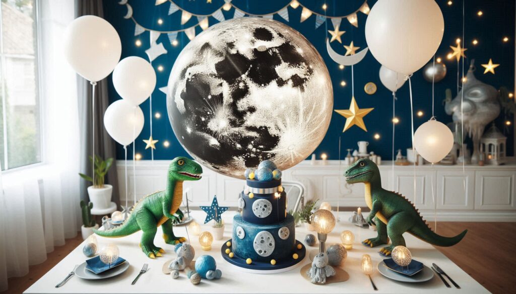 Starry Moon And White Balloons Dino Backdrop