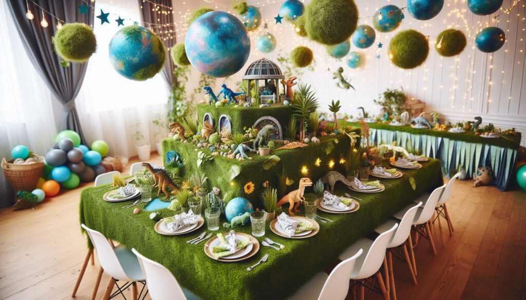 Jungle Dino table setting with hanging planets