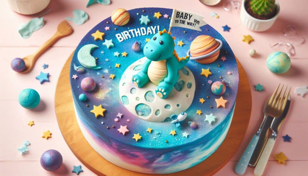 Starry Outer Space Dino Birthday cake with edible Sugar planets