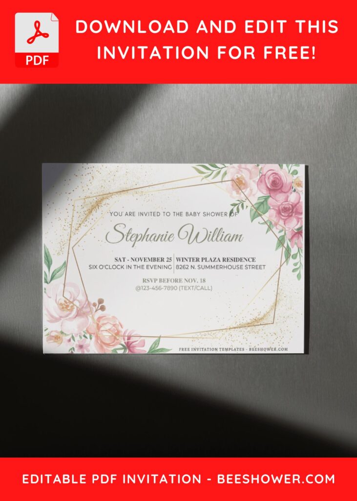 (Free Editable PDF) Glitter Gold Geometric Floral Wedding Invitation Templates F