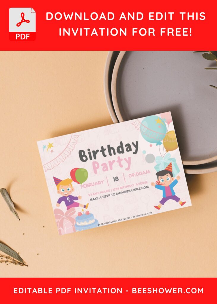 Playful Kids And Balloons Birthday Invitation Templates