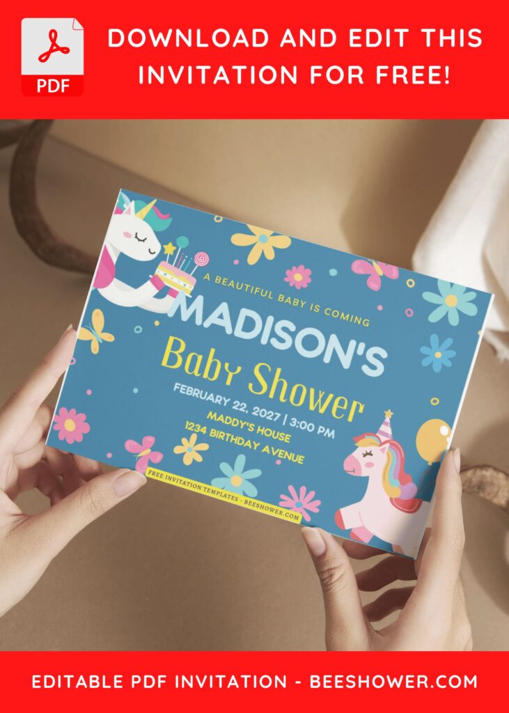 (Free Editable PDF) Unicorn Floral Baby Shower Invitation Templates G
