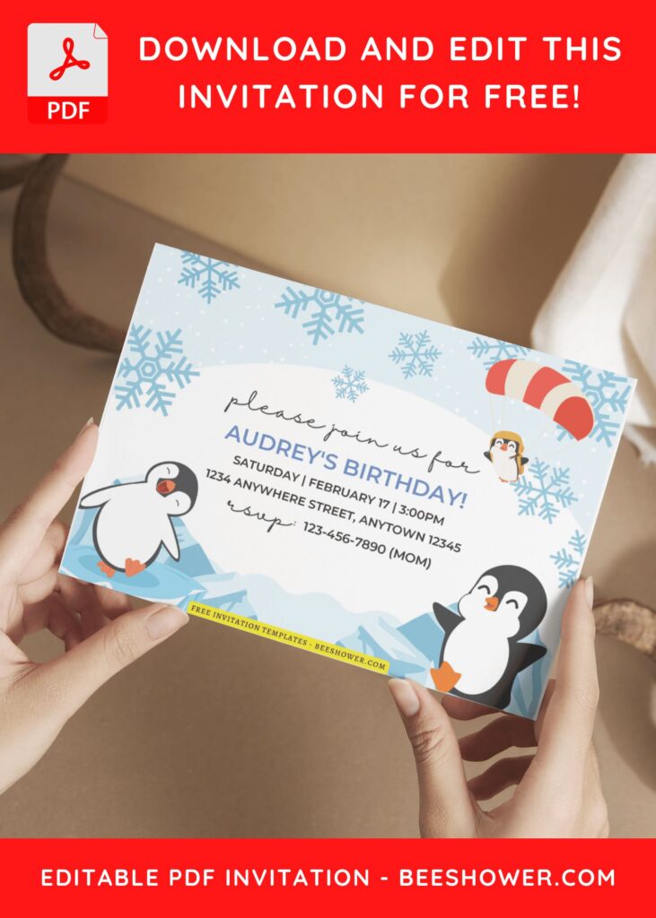 (Free Editable PDF) Cheerful Penguin Winter Baby Shower Invitation Templates G