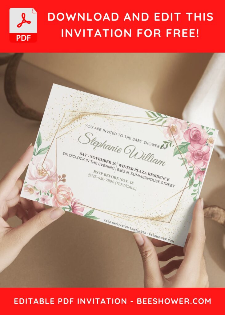 (Free Editable PDF) Glitter Gold Geometric Floral Wedding Invitation Templates G