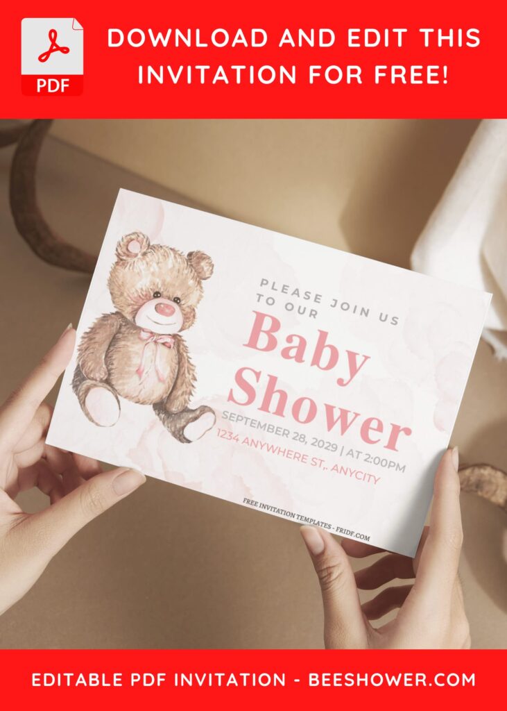 (Free Editable PDF) Delightful Cuddly Bear Baby Shower Invitation Templates G
