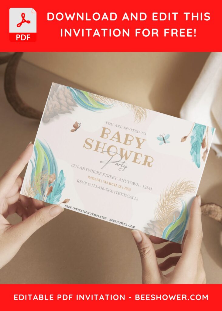 (Free Editable PDF) Boho Greenery & Feather Baby Shower Invitation Templates G