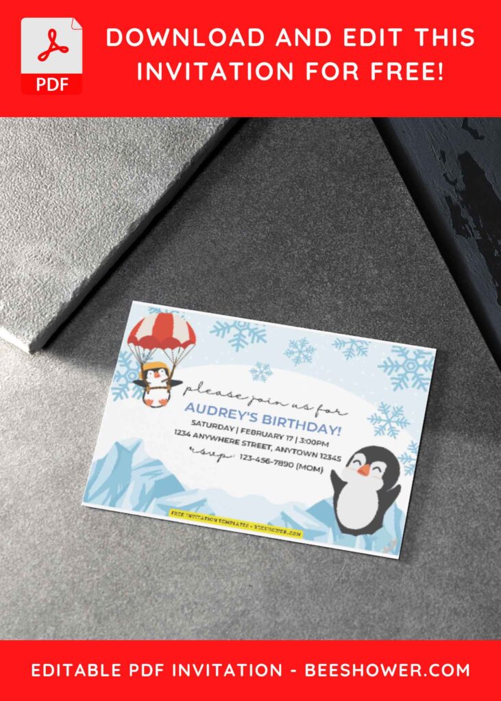 (Free Editable PDF) Cheerful Penguin Winter Baby Shower Invitation Templates H