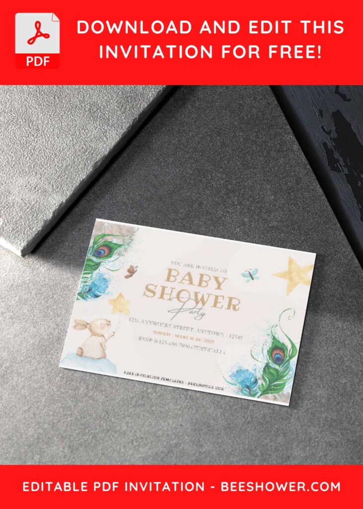 (Free Editable PDF) Boho Greenery & Feather Baby Shower Invitation Templates H