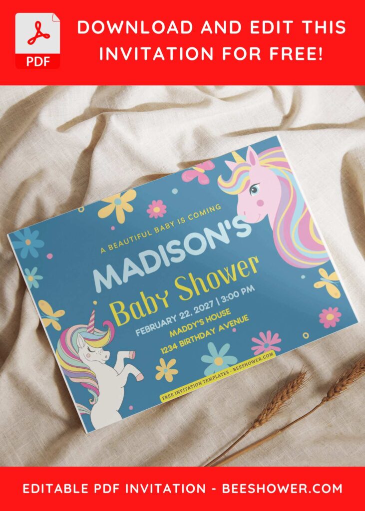 (Free Editable PDF) Unicorn Floral Baby Shower Invitation Templates I