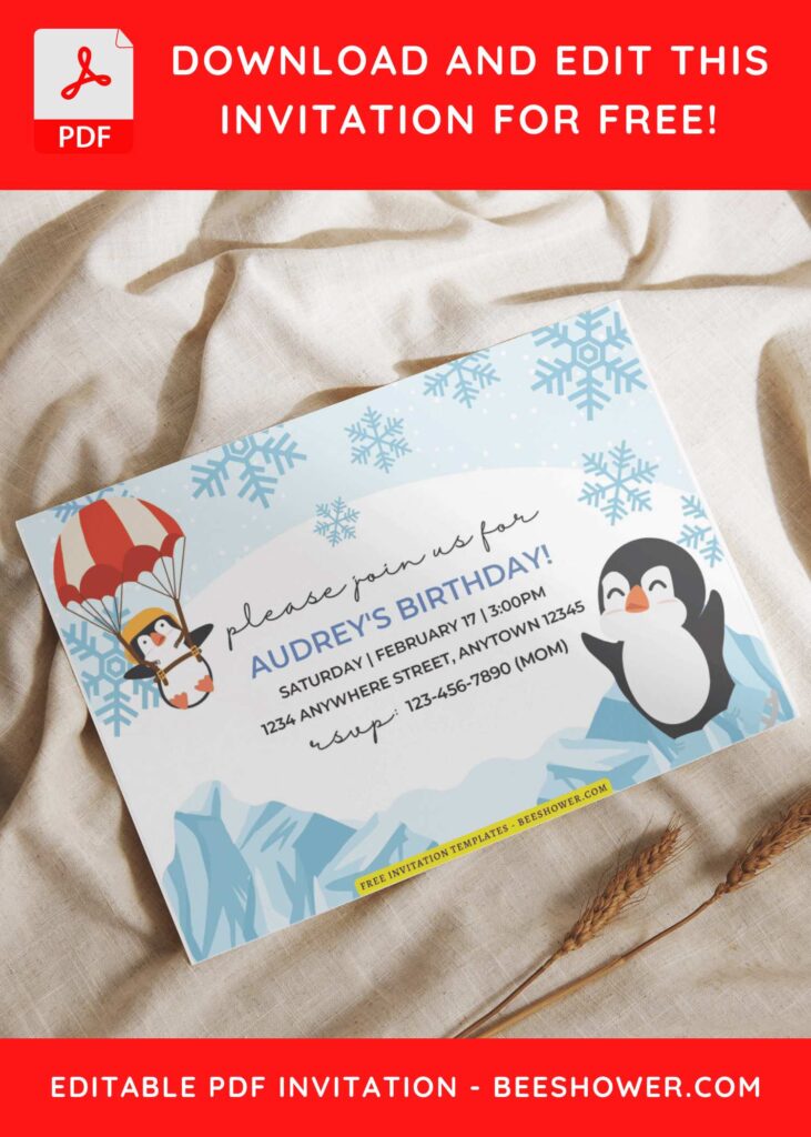 (Free Editable PDF) Cheerful Penguin Winter Baby Shower Invitation Templates I