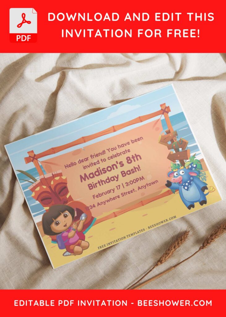 (Free Editable PDF) Dora The Explorer Hawaiian Adventure Baby Shower Invitation i