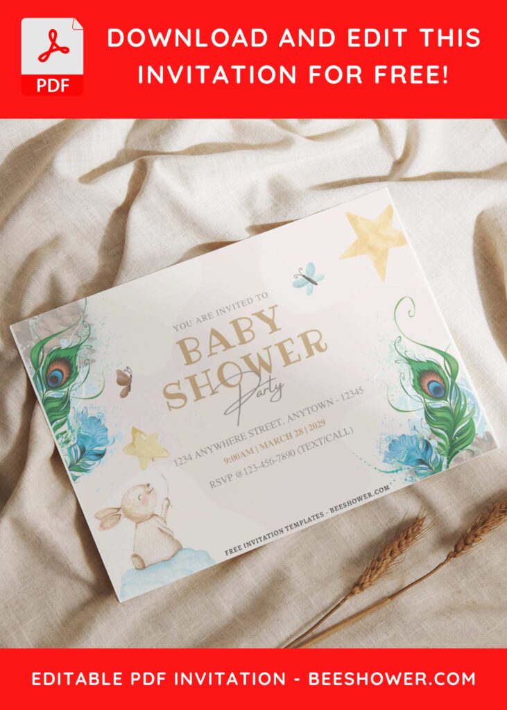 (Free Editable PDF) Boho Greenery & Feather Baby Shower Invitation Templates I